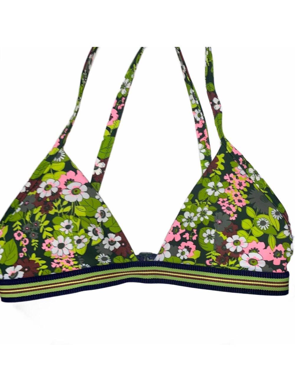 Aerie Retro Floral Bikini Top Green Pink Padded Small Swim